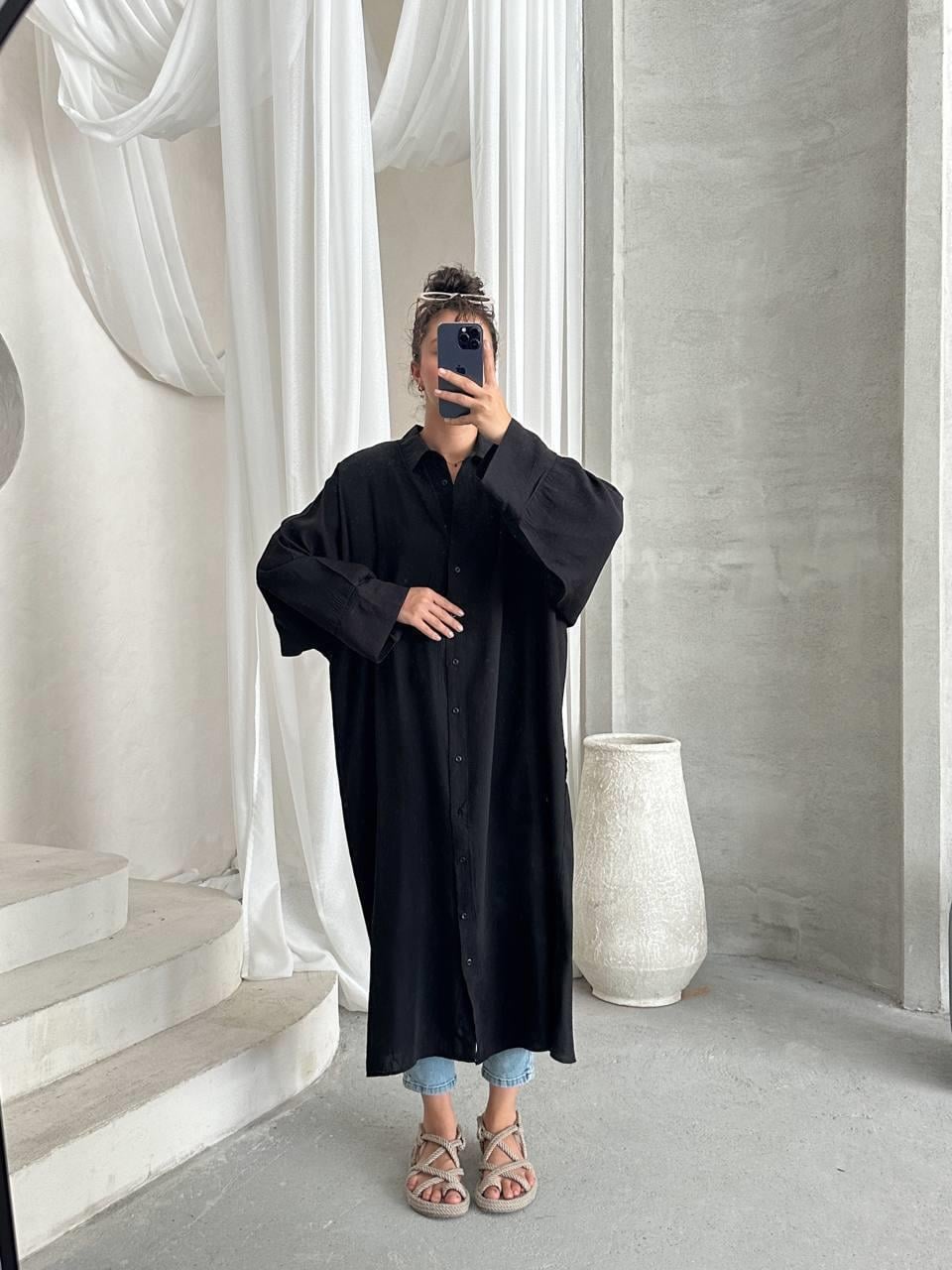 Sela Modal Oversize Panço Gömlek - Siyah