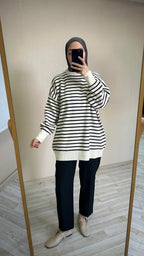 Luna Oversize Çizgili Kazak - Lacivert