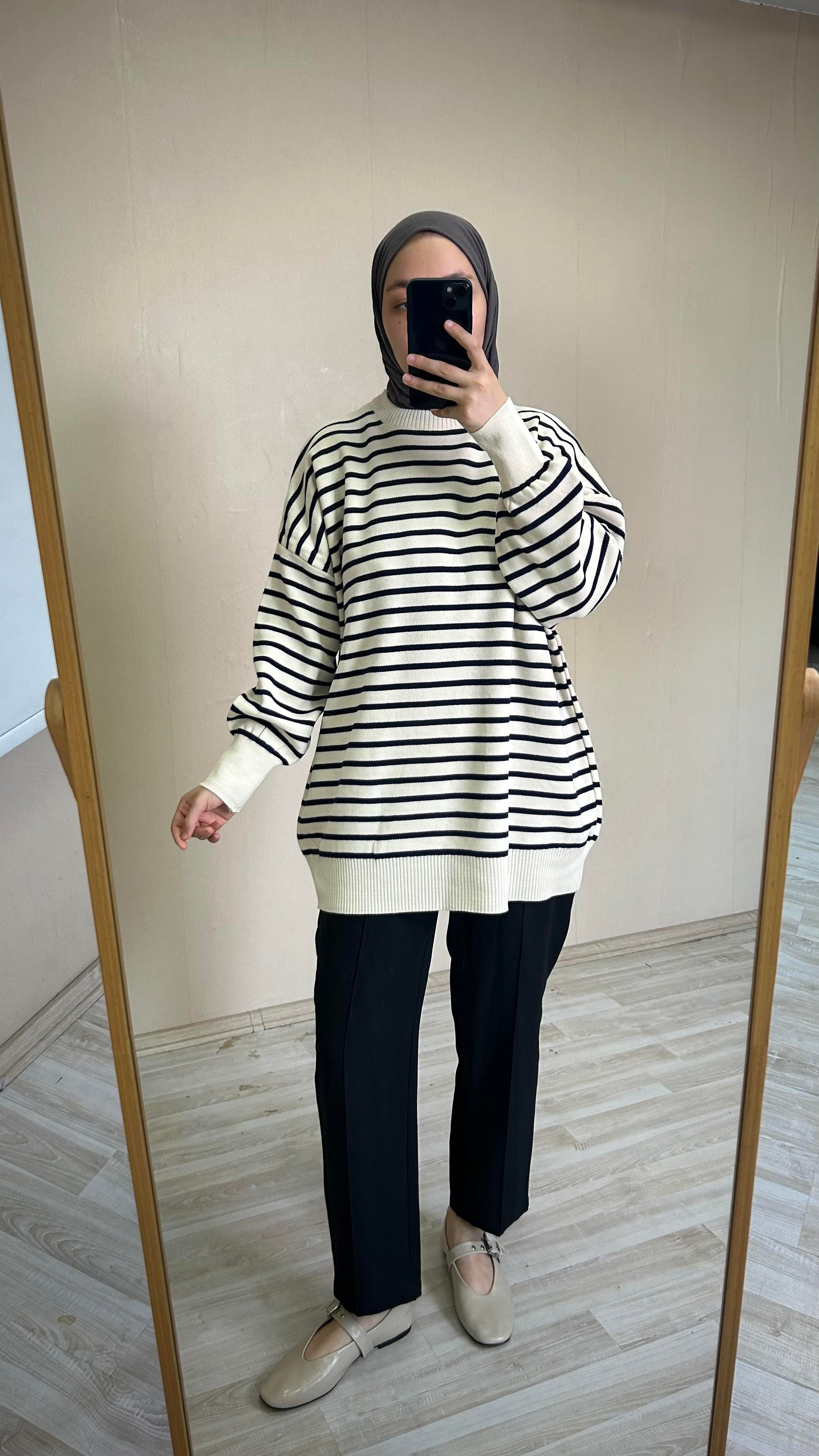 Luna Oversize Çizgili Kazak - Lacivert