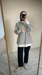 Luna Oversize Çizgili Kazak - Lacivert