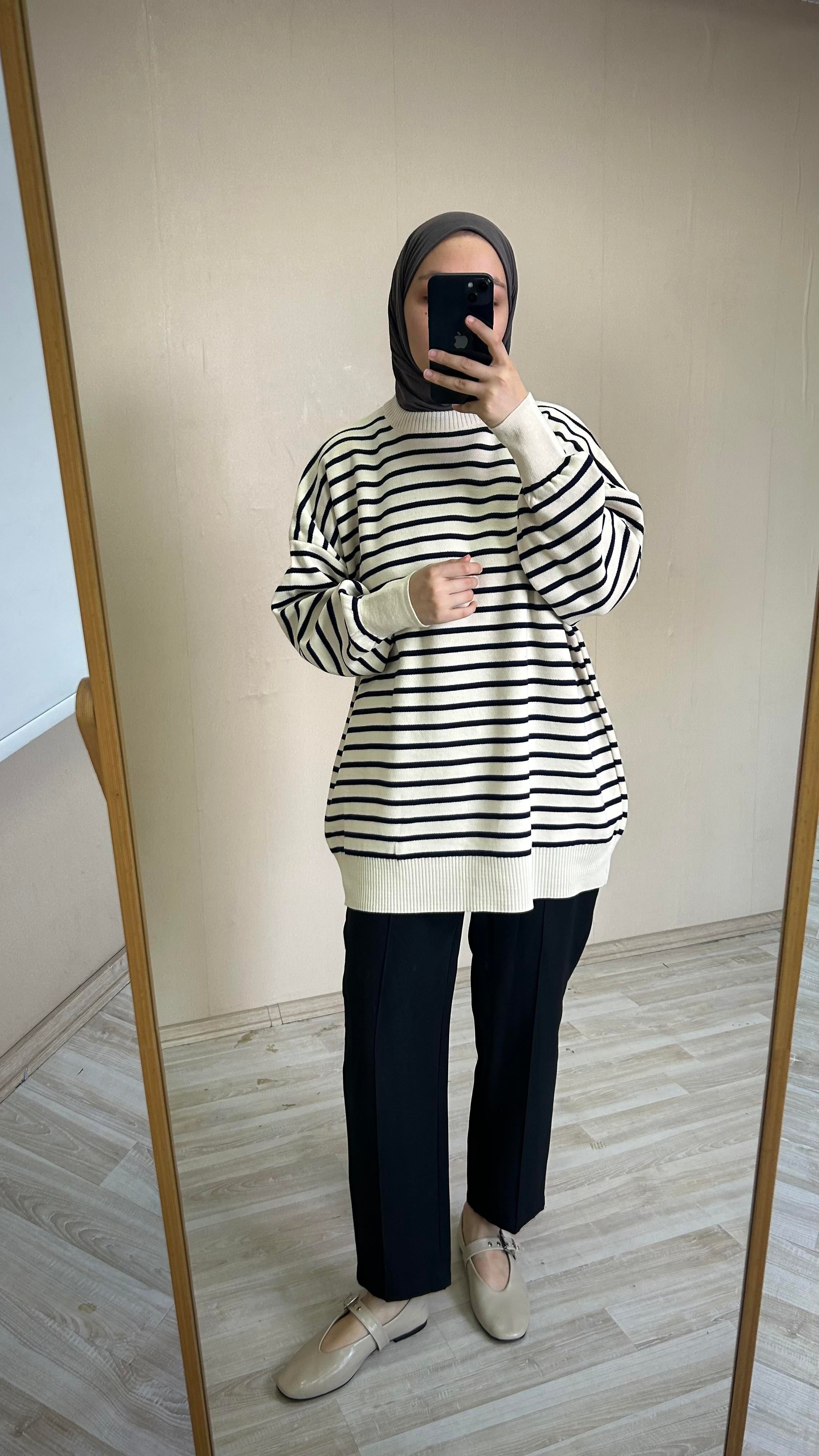 Luna Oversize Çizgili Kazak - Lacivert
