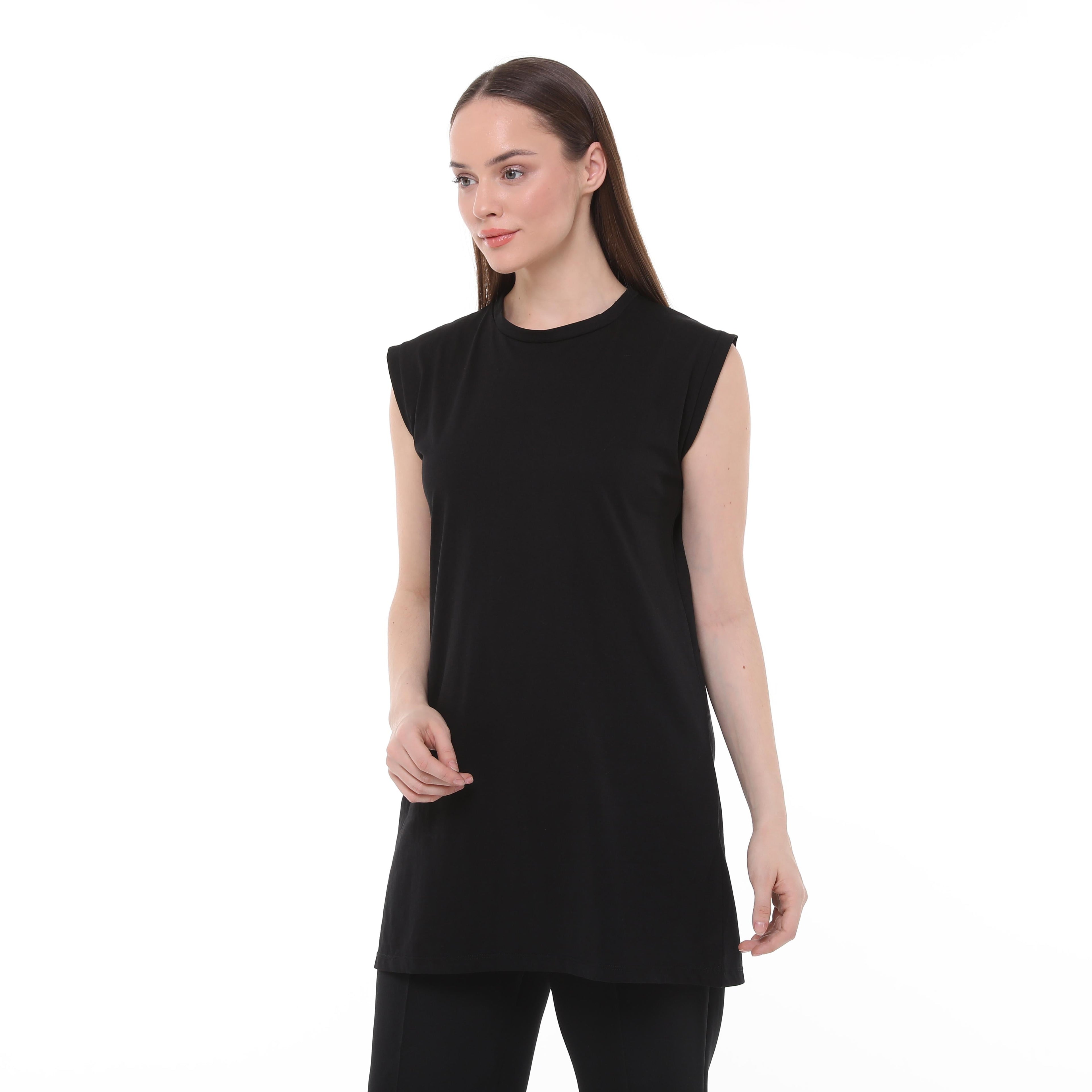 Crème Penye Sıfır Kollu Dik Yaka İçlik Uzun Tshirt - Siyah