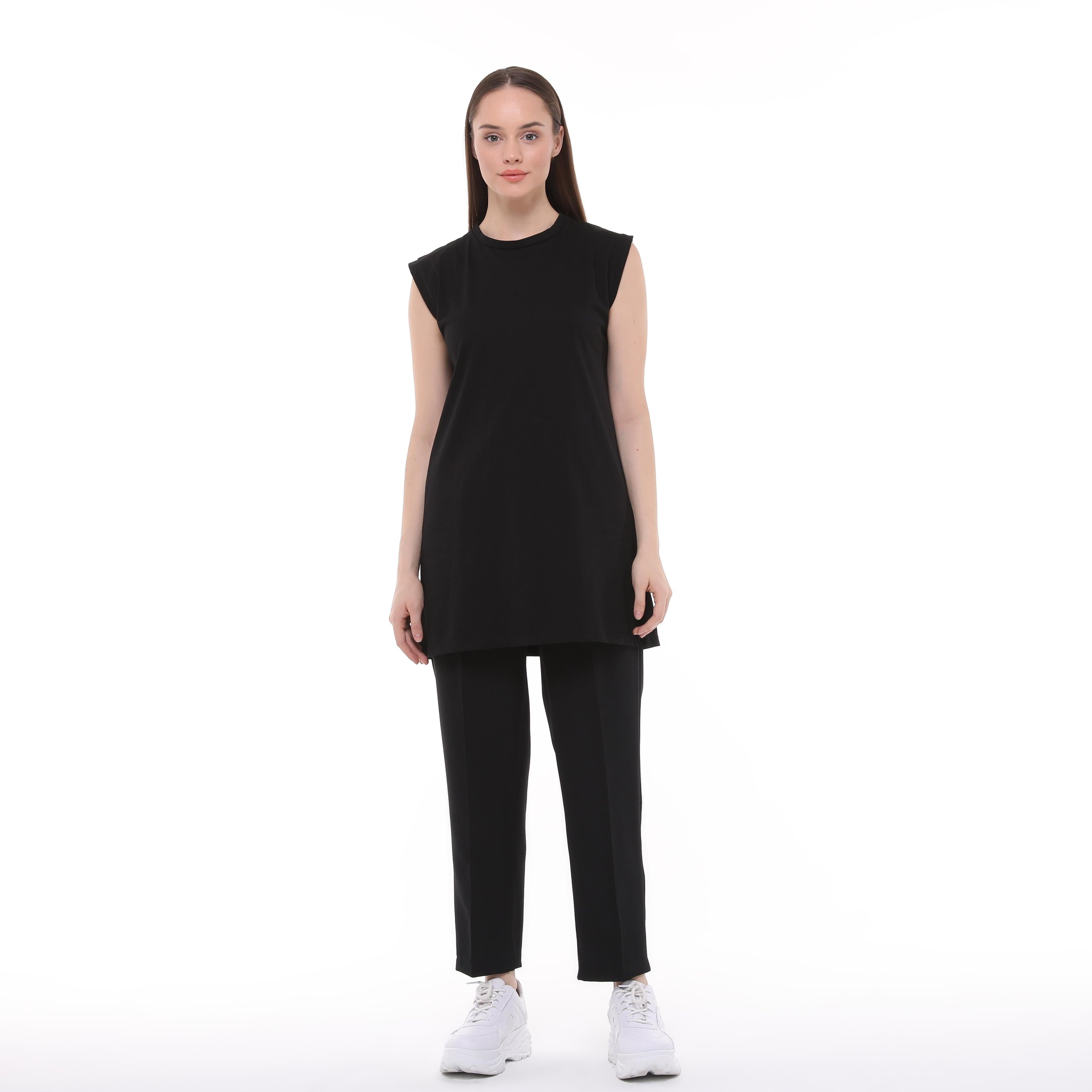 Crème Penye Sıfır Kollu Dik Yaka İçlik Uzun Tshirt - Siyah