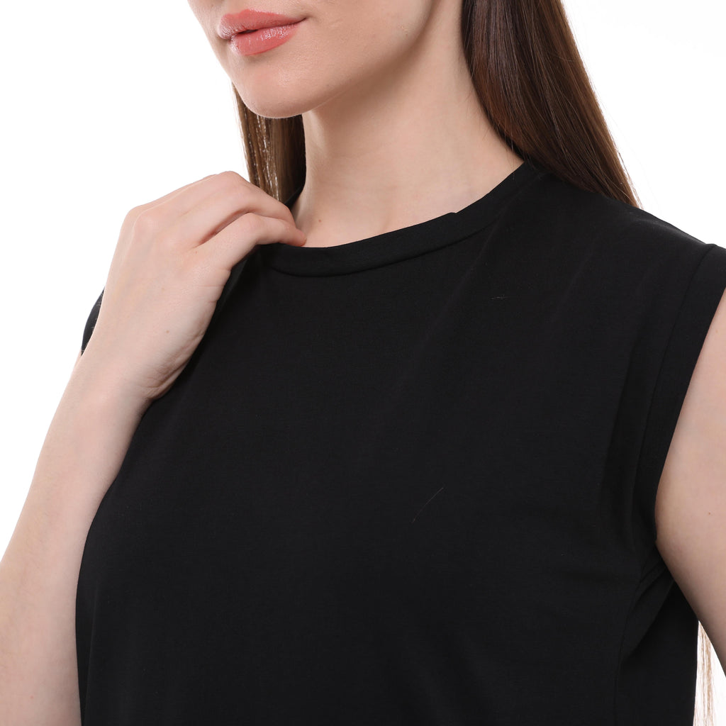 Crème Penye Sıfır Kollu Dik Yaka İçlik Uzun Tshirt - Siyah