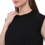 Crème Penye Sıfır Kollu Dik Yaka İçlik Uzun Tshirt - Siyah