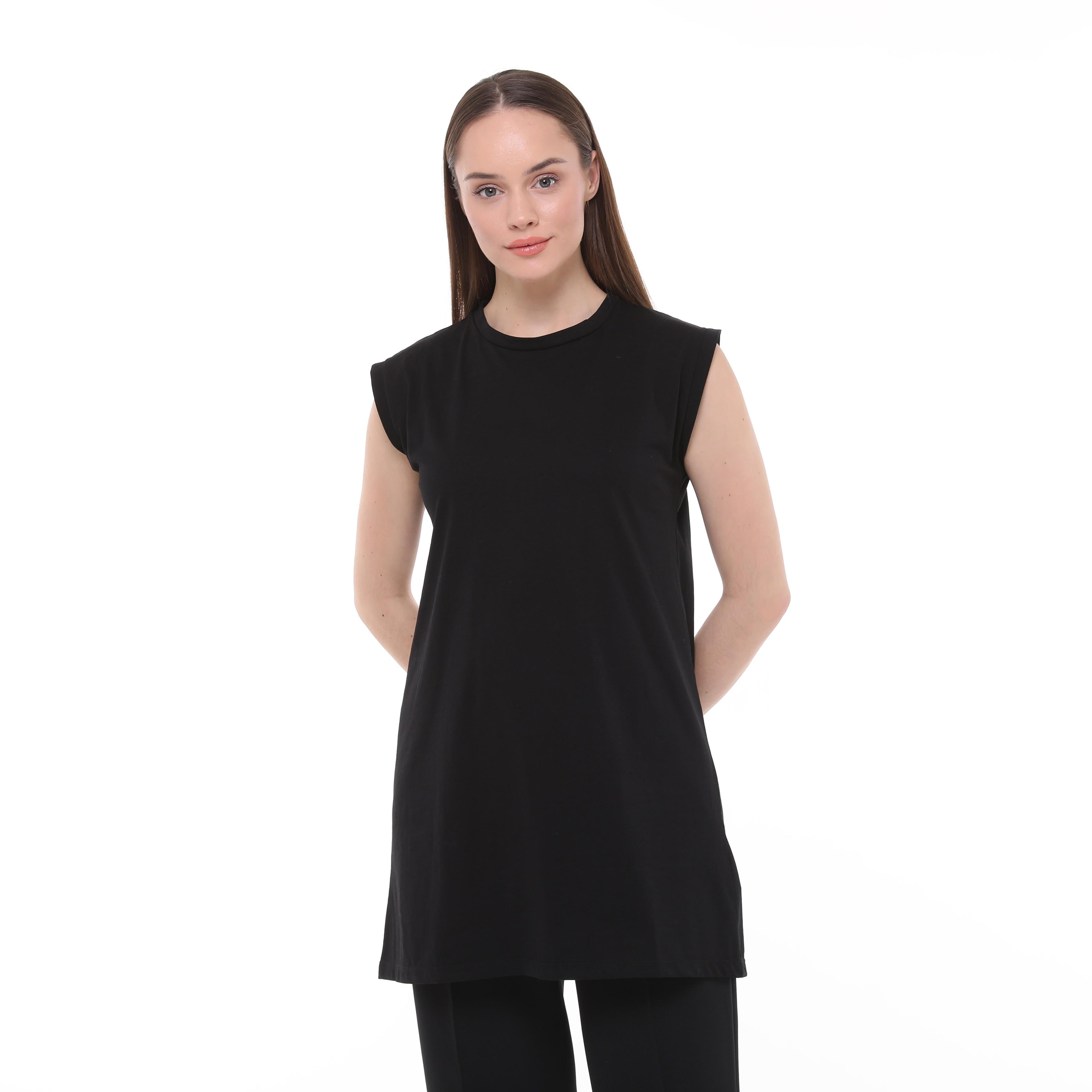 Crème Penye Sıfır Kollu Dik Yaka İçlik Uzun Tshirt - Siyah