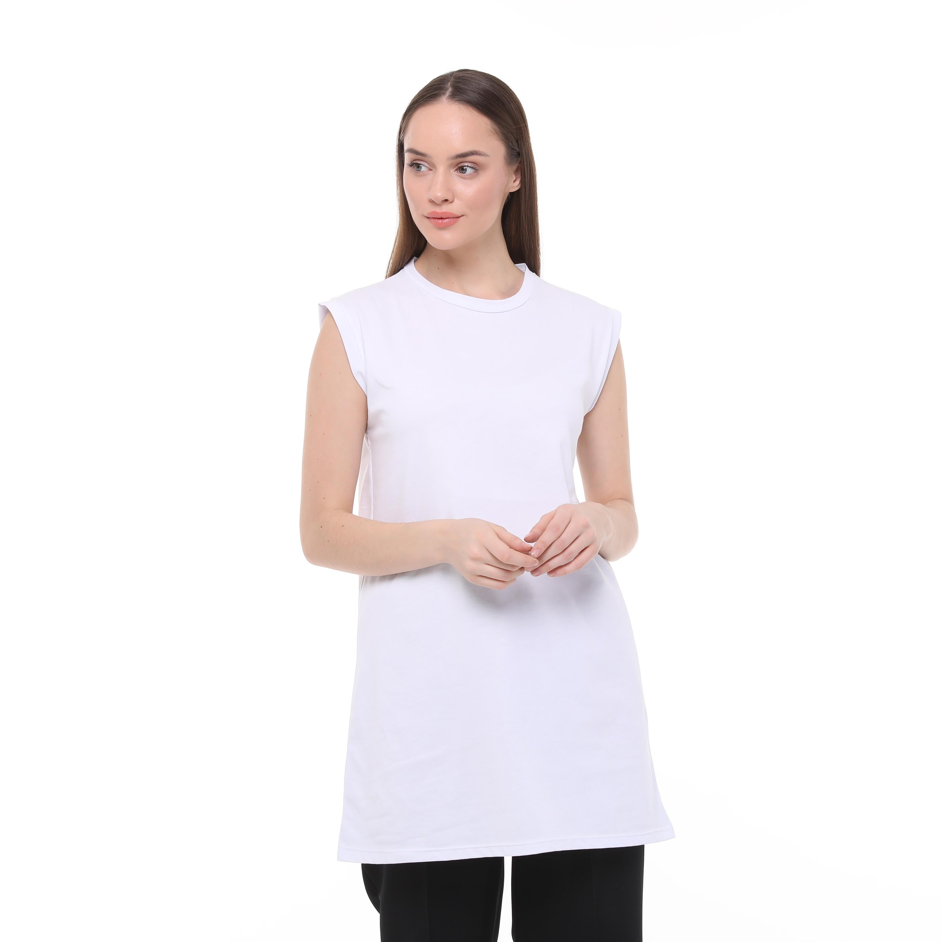 Crème Penye Sıfır Kollu Dik Yaka İçlik Uzun Tshirt - Beyaz