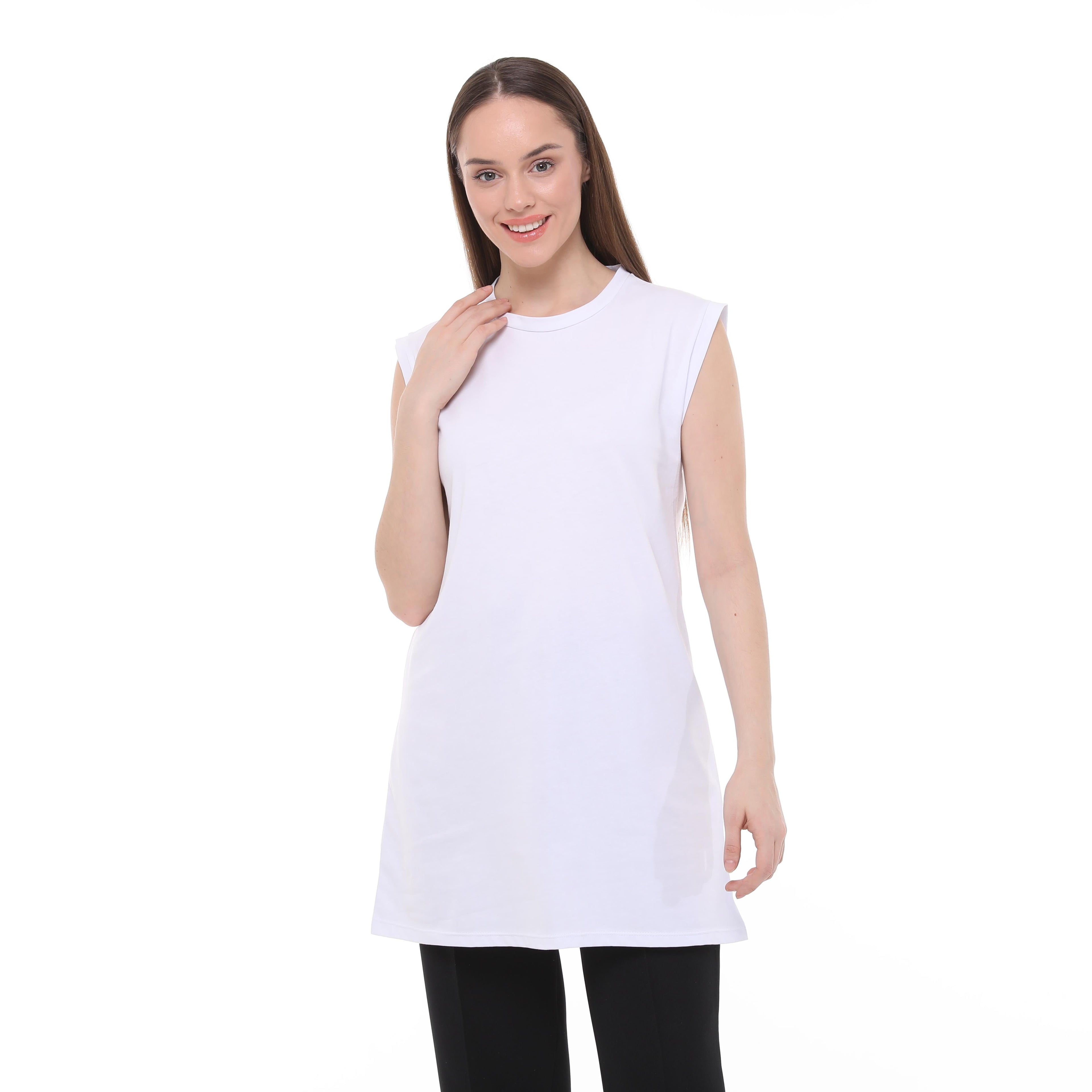 Kadın Penye Sıfır Kollu Dik Yaka İçlik Uzun Kurtarıcı Tshirt