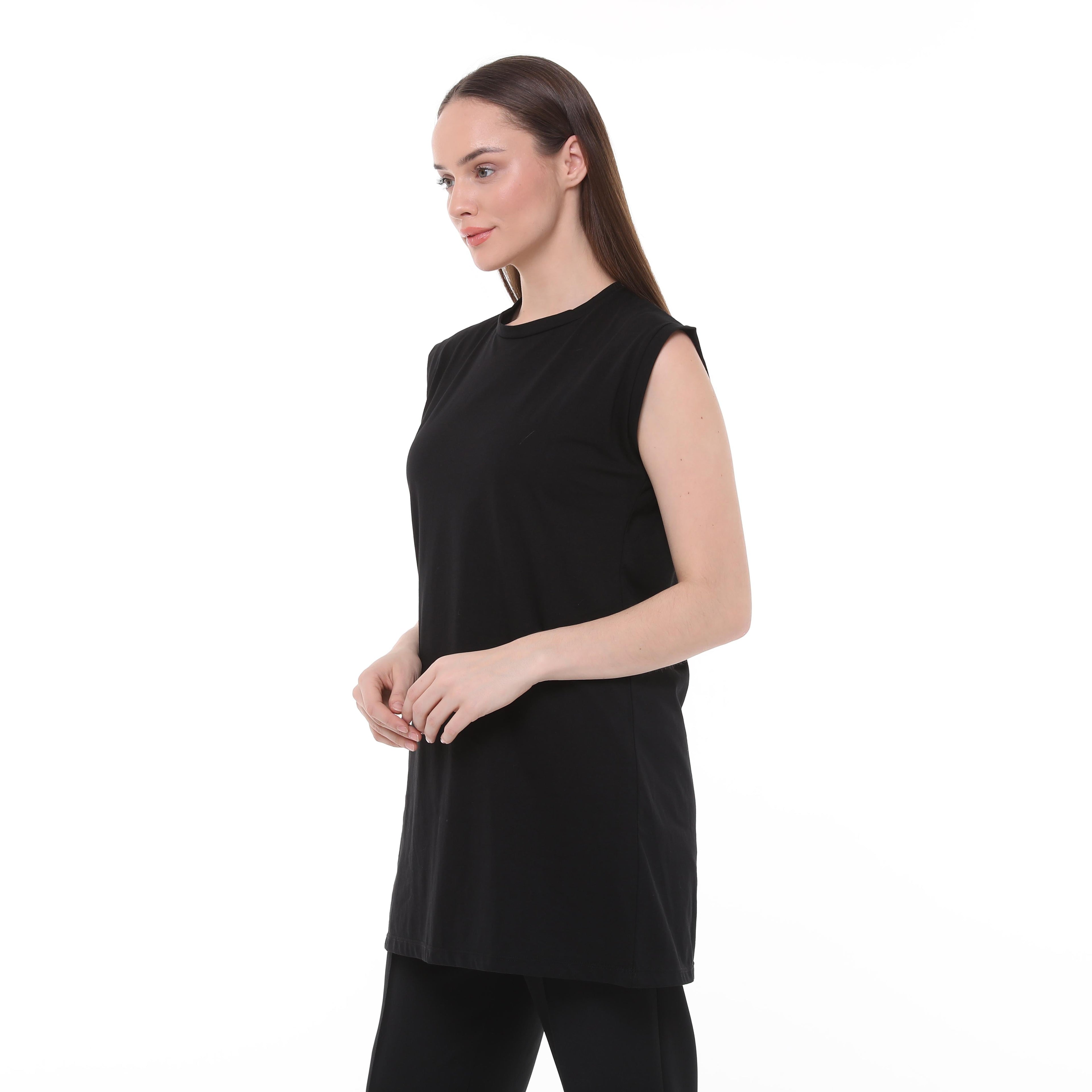 Crème Penye Sıfır Kollu Dik Yaka İçlik Uzun Tshirt - Siyah