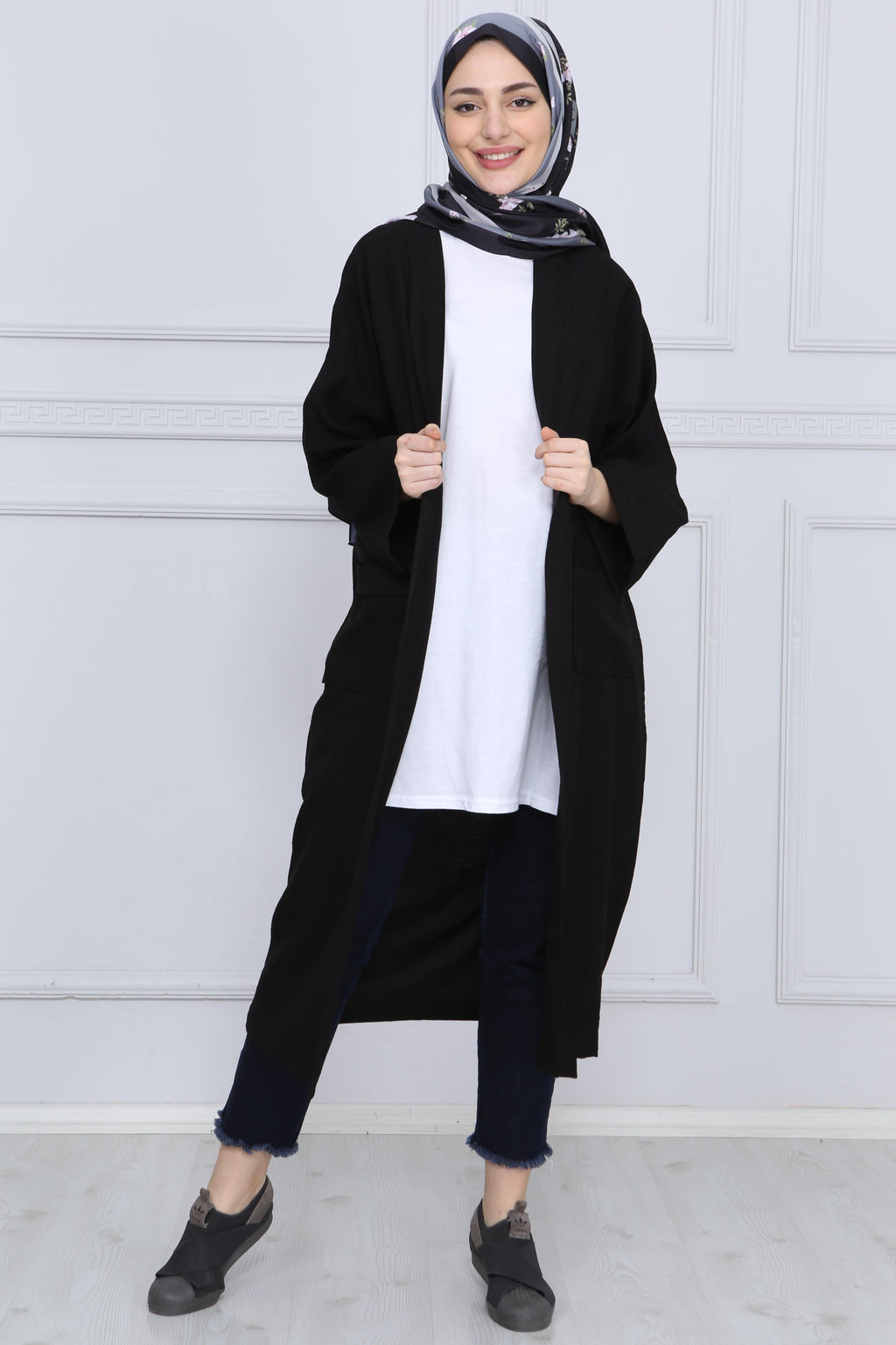 Siyah Kuşaklı Çift Cepli Kimono - Siyah