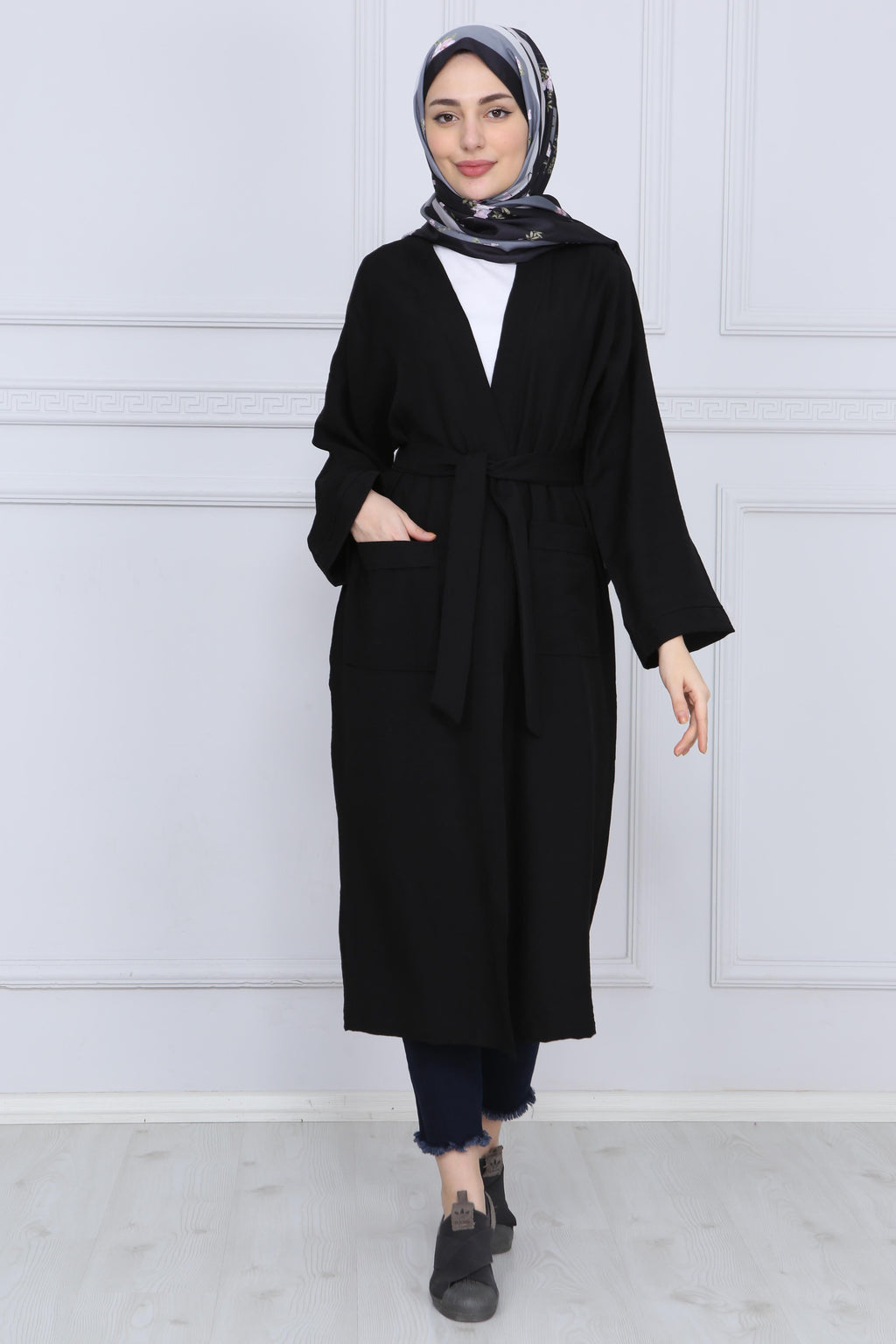 Siyah Kuşaklı Çift Cepli Kimono - Siyah