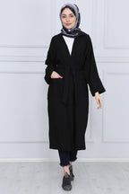 Siyah Kuşaklı Çift Cepli Kimono - Siyah