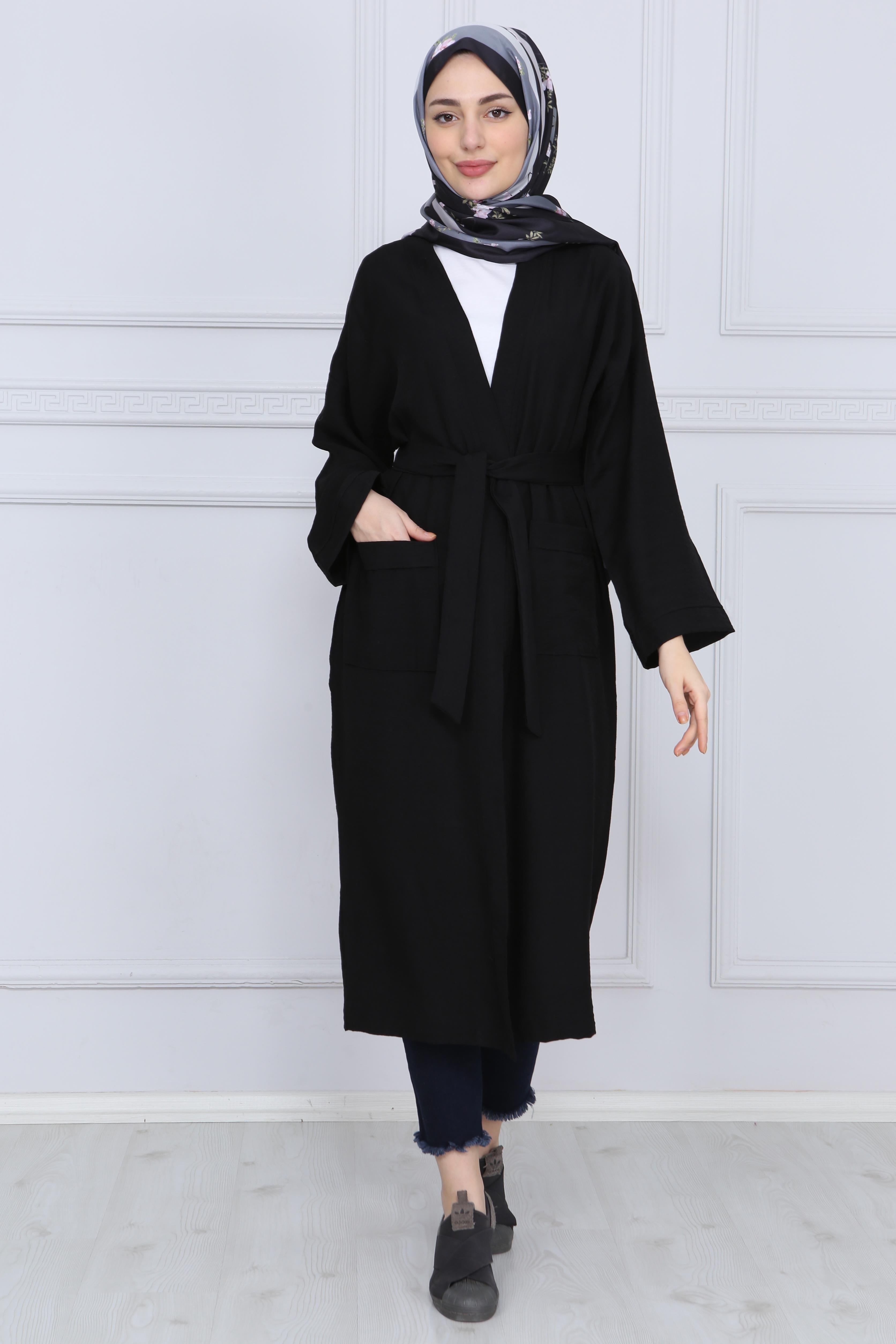 Siyah Kuşaklı Çift Cepli Kimono - Siyah