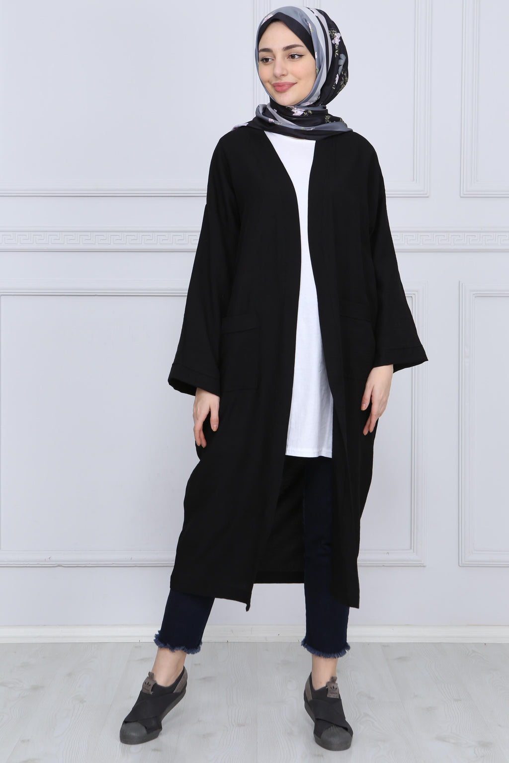 Siyah Kuşaklı Çift Cepli Kimono - Siyah
