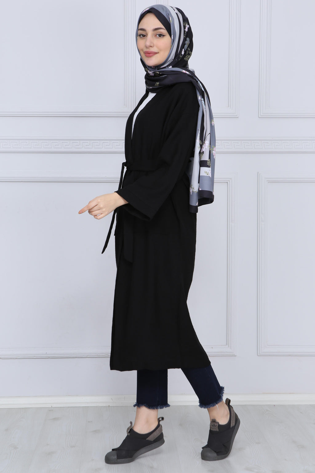 Siyah Kuşaklı Çift Cepli Kimono - Siyah