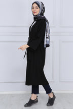 Siyah Kuşaklı Çift Cepli Kimono - Siyah