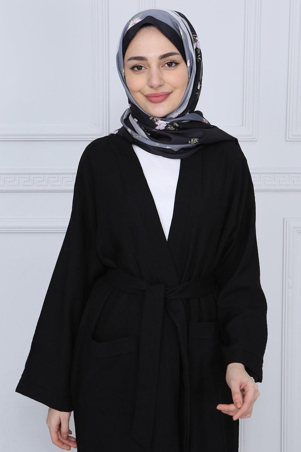 Siyah Kuşaklı Çift Cepli Kimono - Siyah