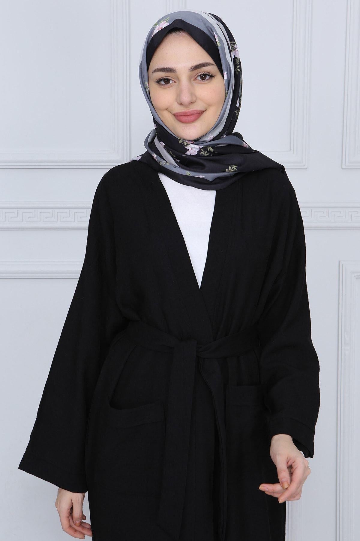 Siyah Kuşaklı Çift Cepli Kimono - Siyah