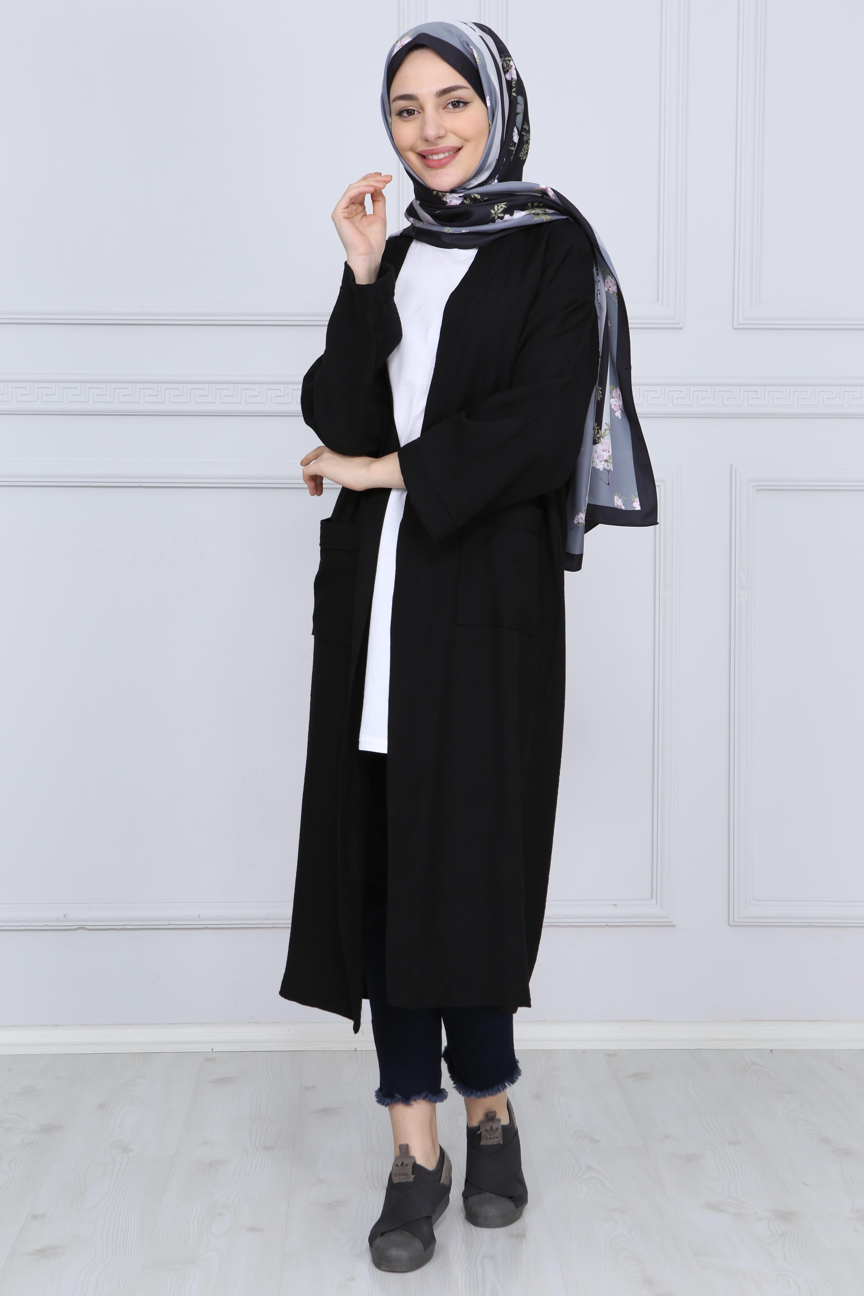 Siyah Kuşaklı Çift Cepli Kimono - Siyah