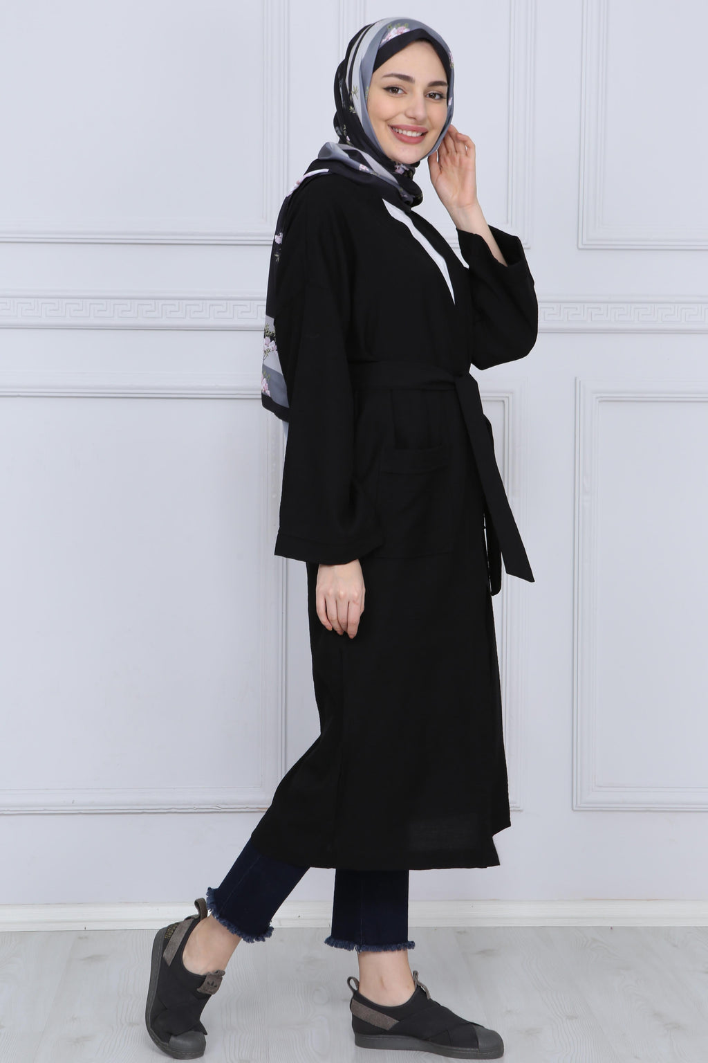 Siyah Kuşaklı Çift Cepli Kimono - Siyah