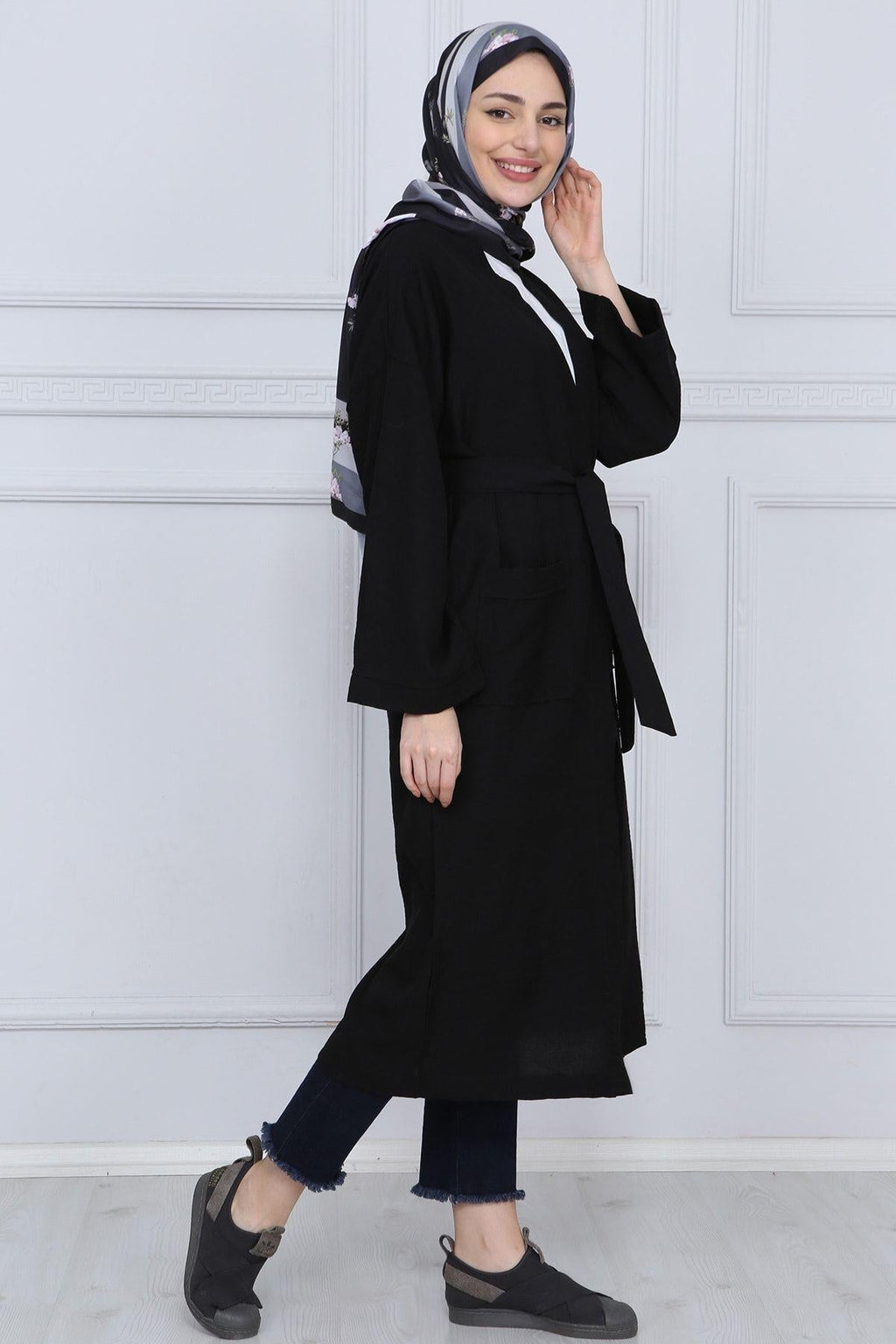 Siyah Kuşaklı Çift Cepli Kimono - Siyah