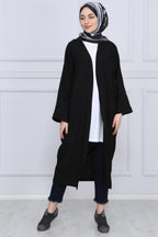 Siyah Kuşaklı Çift Cepli Kimono - Siyah