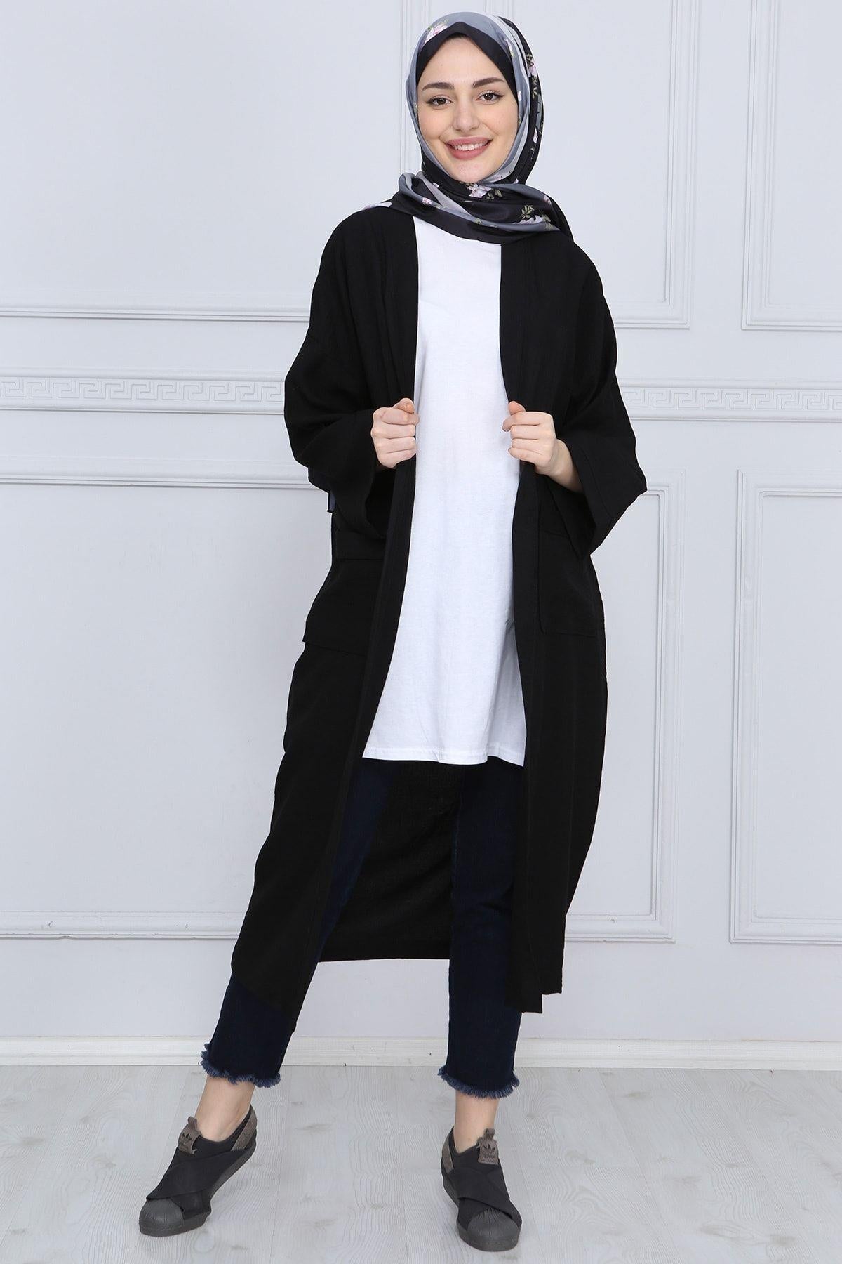 Siyah Kuşaklı Çift Cepli Kimono - Siyah