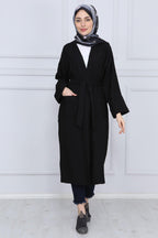 Siyah Kuşaklı Çift Cepli Kimono - Siyah