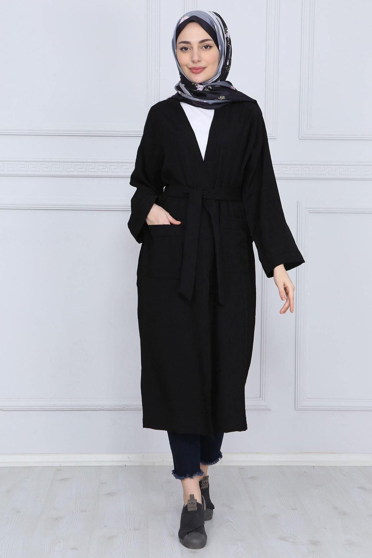 Siyah Kuşaklı Çift Cepli Kimono - Siyah